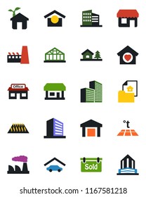 Color and black flat icon set - office building vector, factory, greenhouse, store, warehouse storage, house with tree, garage, estate document, sold signboard, sweet home, eco, warm floor