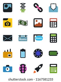 Color and black flat icon set - camera vector, mail, traffic light, chain, battery, mobile, gallery, photo, calculator, rooms, rocket, cash