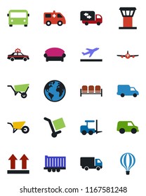 Color and black flat icon set - airport tower vector, departure, bus, waiting area, alarm car, fork loader, plane, wheelbarrow, ambulance, earth, truck trailer, delivery, cargo, up side sign, moving