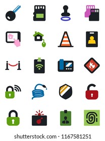 Color and black flat icon set - fence vector, bomb in case, stamp, border cone, identity card, hose, shield, flammable, sd, key, lock, home control, wireless, intercome, app, pass, fingerprint