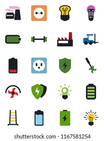 Color and black flat icon set - fork loader vector, factory, ripper, ladder, barbell, remote control, battery, low, protect, socket, bulb, idea