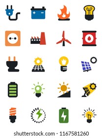 Color and black flat icon set - bulb vector, fire, oil barrel, battery, brightness, charge, sun panel, windmill, factory, socket, power plug, energy saving, idea