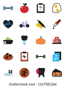 Color and black flat icon set - pumpkin vector, seeds, heart pulse, diagnosis, dropper, barbell, bike, run, caries, implant, clipboard, hospital, pool, salad, rolling pin, omelette, apple fruit