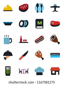 Color and black flat icon set - spoon and fork vector, cafe, coffee, dish, alcohol, restaurant table, cook hat, menu, reserved, drink, plates, bacon, waiter, steak, ham, bowl, knife, storefront