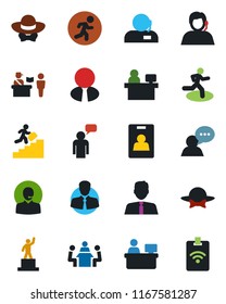 Color and black flat icon set - passport control vector, speaking man, pedestal, manager place, run, support, client, speaker, identity card, meeting, career ladder, estate agent, dress code, pass