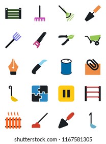 Color and black flat icon set - trowel vector, farm fork, rake, wheelbarrow, pruner, saw, hoe, garden knife, container, oil barrel, rack, pause button, application, paper clip, ink pen, heater