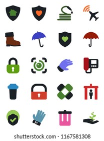Color and black flat icon set - plane radar vector, security gate, umbrella, trash bin, glove, boot, hose, patch, heart shield, lock, eye id, intercome, water filter, home protect, palm sproute