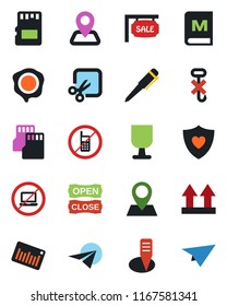 Color and black flat icon set - no mobile vector, laptop, pen, stamp, plant label, heart shield, navigation, pin, fragile, up side sign, hook, barcode, sd, cut, sale, menu, open close, paper plane