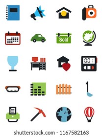 Color and black flat icon set - globe vector, desk, printer, fence, earth, car delivery, fragile, warehouse storage, camera, equalizer, stopwatch, copybook, sold signboard, sweet home, hot dog