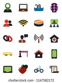 Color and black flat icon set - antenna vector, airport bus, barrier, mobile phone, speaking man, notebook pc, pills, bike, pin, traffic light, laptop, chain, group, heart, hierarchy, house, pool