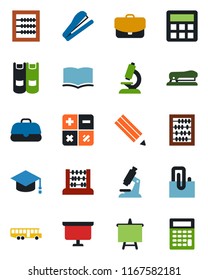 Color and black flat icon set - airport bus vector, book, calculator, graduate, abacus, presentation board, microscope, paper clip, pencil, stapler, case