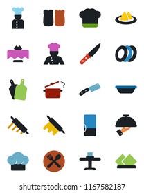 Color and black flat icon set - fridge vector, cook, restaurant table, serviette, cafe, hat, plates, waiter, salt and pepper, bowl, rolling pin, cutting board, knife, steaming pan