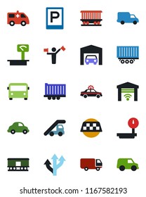 Color and black flat icon set - dispatcher vector, taxi, airport bus, parking, alarm car, ladder, ambulance, route, railroad, truck trailer, delivery, heavy scales, garage, gate control