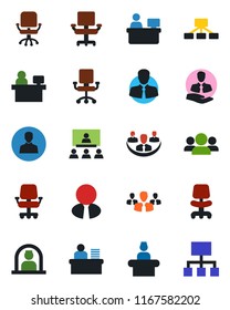 Color and black flat icon set - reception vector, office chair, manager place, client, user, company, desk, hierarchy, estate agent, group
