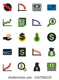Color and black flat icon set - credit card vector, dollar sign, money bag, crisis graph, cash, receipt, growth, search, investment