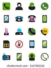 Color and black flat icon set - phone vector, no mobile, office, 24 hours, support, cell, call, sim
