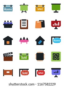 Color and black flat icon set - fence vector, presentation board, meeting, clipboard, clapboard, sale, rooms, sold signboard, smart home, cutting, chip