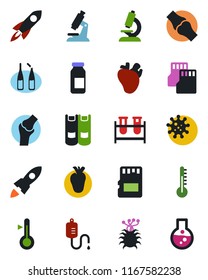Color and black flat icon set - book vector, blood test vial, dropper, microscope, ampoule, real heart, joint, virus, sd, thermometer, rocket, flask