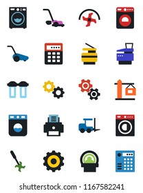 Color and black flat icon set - washer vector, fork loader, gear, ripper, lawn mower, tomography, printer, copier, crane, water filter, combination lock