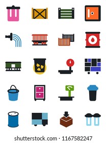 Color and black flat icon set - trash bin vector, checkroom, bucket, watering, railroad, cargo container, consolidated, package, oil barrel, heavy scales, archive box, water filter