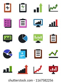 Color and black flat icon set - growth statistic vector, monitor, diagnosis, pulse clipboard, statistics, bar graph, pie, checklist, point, presentation