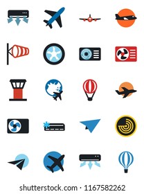 Color and black flat icon set - plane vector, airport tower, wind, radar, globe, air conditioner, fan, paper, balloon