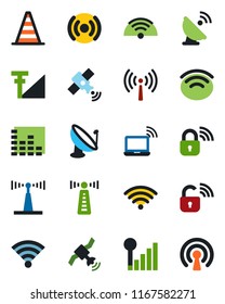 Color and black flat icon set - antenna vector, wireless notebook, border cone, satellite, equalizer, cellular signal, lock