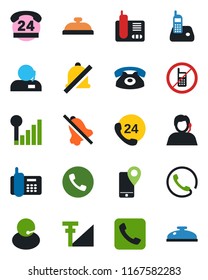 Color and black flat icon set - phone vector, no mobile, office, 24 hours, support, tracking, radio, call, mute, cellular signal, reception