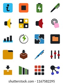 Color and black flat icon set - package vector, sorting, settings, touch screen, stop button, menu, folder, charge, application, pen, sound, information, social media