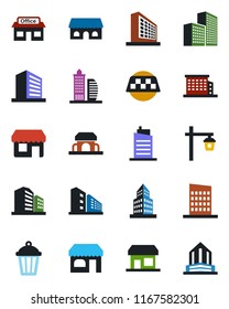 Color and black flat icon set - taxi vector, shop, office building, garden light, store, city house, cafe, storefront