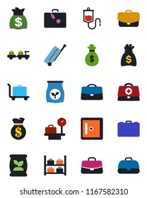 Color and black flat icon set - suitcase vector, baggage trolley, larry, luggage storage, scales, checkroom, case, money bag, fertilizer, doctor, dropper