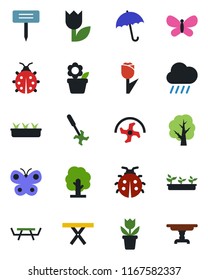 Color and black flat icon set - umbrella vector, flower in pot, ripper, tree, butterfly, lady bug, seedling, rain, plant label, picnic table, tulip