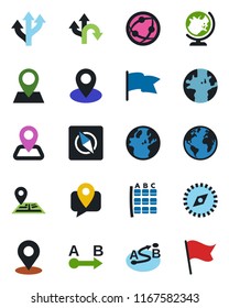 Color and black flat icon set - globe vector, seat map, route, navigation, earth, pin, mobile tracking, network, place tag, compass, flag