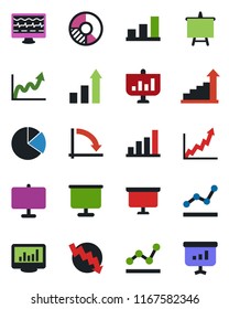 Color and black flat icon set - growth statistic vector, presentation board, crisis graph, circle chart, monitor pulse, statistics, bar, pie, point