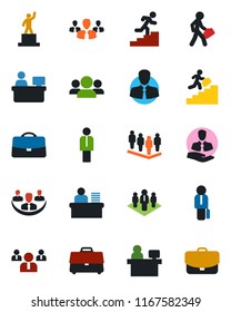 Color and black flat icon set - manager vector, pedestal, team, place, client, case, company, desk, career ladder, group