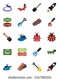 Color and black flat icon set - job vector, garden fork, shovel, lady bug, caterpillar, pond, rent, bacon, open close, rocket
