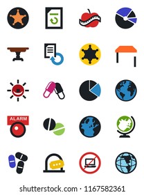 Color and black flat icon set - no laptop vector, ticket office, globe, document reload, pills, diet, earth, pie graph, table, police, alarm led