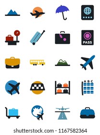 Color and black flat icon set - plane vector, runway, taxi, suitcase, baggage trolley, airport bus, umbrella, passport, seat map, luggage storage, scales, globe, mountains, case