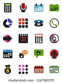Color and black flat icon set - right arrow vector, calendar, circle chart, microphone, menu, calculator, phone, home message, money bag