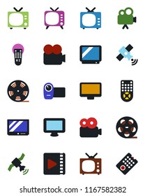 Color and black flat icon set - tv vector, reel, satellite, video camera, remote control, monitor