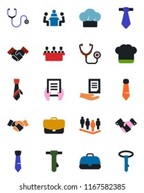 Color and black flat icon set - handshake vector, team, tie, document, stethoscope, meeting, cook hat, case