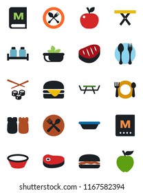 Color and black flat icon set - spoon and fork vector, picnic table, cafe, menu, salad, salt pepper, steak, hamburger, bowl, sushi, apple fruit