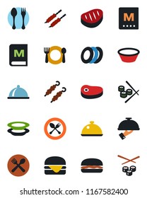 Color and black flat icon set - spoon and fork vector, dish, cafe, menu, plates, waiter, steak, kebab, hamburger, bowl, sushi