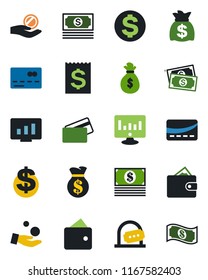 Color and black flat icon set - credit card vector, ticket office, dollar sign, money bag, statistic monitor, cash, receipt, wallet, investment