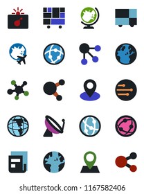 Color and black flat icon set - satellite antenna vector, bomb in case, globe, plane, earth, pin, consolidated cargo, network, share, news, social media