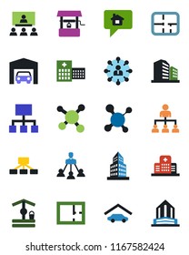 Color and black flat icon set - hierarchy vector, well, molecule, hospital, office building, garage, plan, home message