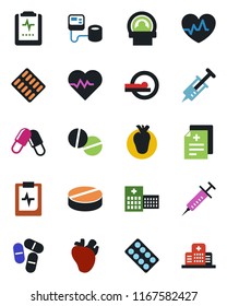 Color and black flat icon set - heart pulse vector, diagnosis, syringe, blood pressure, pills, blister, tomography, real, clipboard, hospital