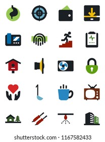 Color and black flat icon set - bird house vector, heart hand, stomach, pulse clipboard, speaker, download, lock, fingerprint id, target, career ladder, with tree, air conditioner, tv, coffee, kebab