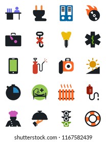 Color and black flat icon set - suitcase vector, mobile phone, office binder, garden sprayer, dropper, ambulance star, hospital bed, implant, traffic light, no hook, flame disk, camera, stopwatch