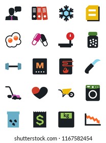 Color and black flat icon set - document vector, wheelbarrow, lawn mower, garden knife, seeds, scales, pills, bottle, barbell, receipt, heavy, speaker, heart, paper binder, menu, omelette, snowflake
